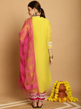 Yellow  Chanderi Printed Kurti Set