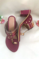 Buy Soft Faux Leather Block Heel In Maroon And Gold