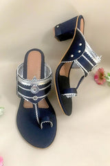 Buy Soft Faux Leather Block Heel In Navy Blue And Silver