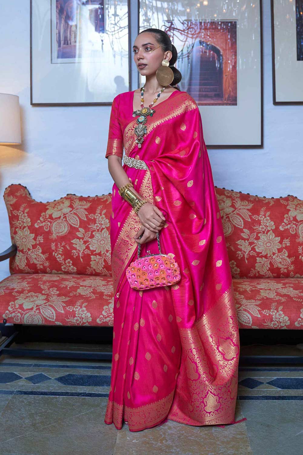 Pink Moss Weave Art Silk Saree