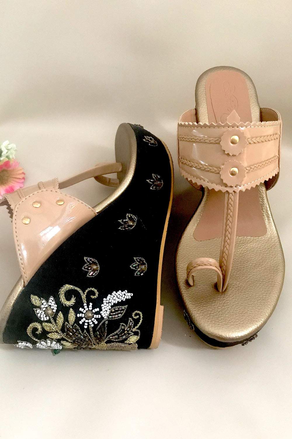 Buy Soft Faux Leather Wedges In Black And Gold