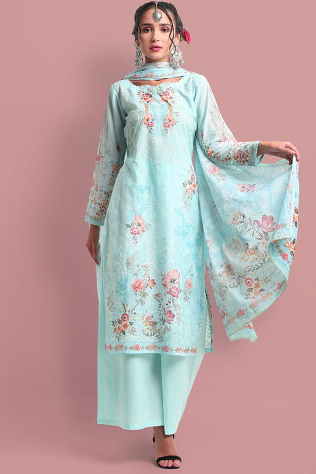 Buy Blended Cotton Embroidered Dress Material in Turquoise