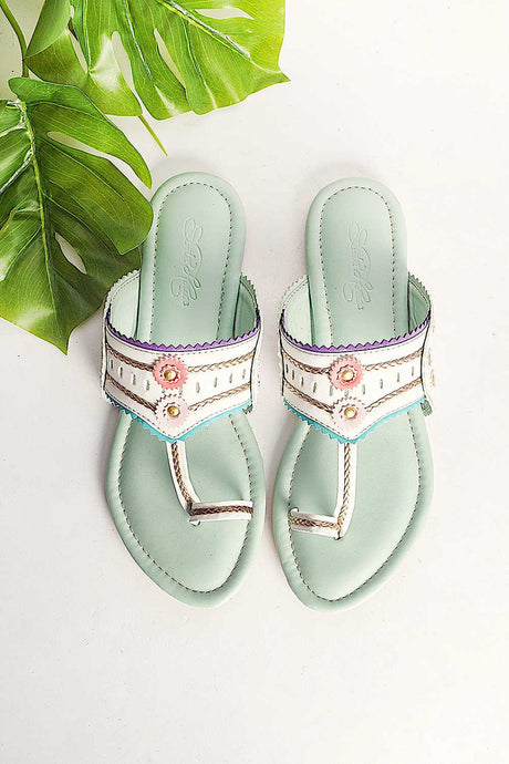 Buy Soft Faux Leather Flats In White And Sea Green