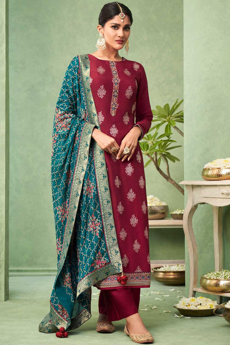 Buy Dola Art Silk Embroidered Dress Material in Maroon