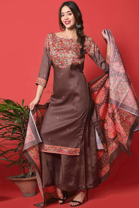 Buy Blended Cotton Floral Dress Material in Brown