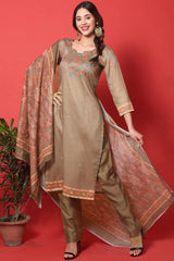 Buy Blended Cotton Floral Dress Material in Brown