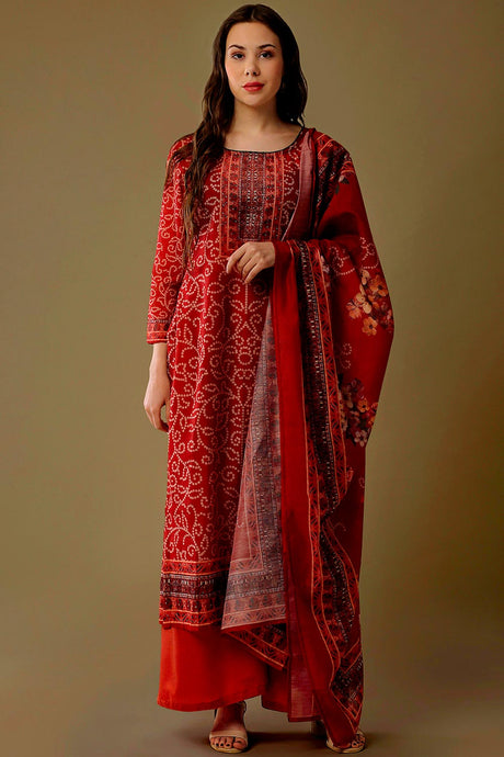 Buy Maheshwari Art Silk Bandhani Printed Salwar Suit in Red Online