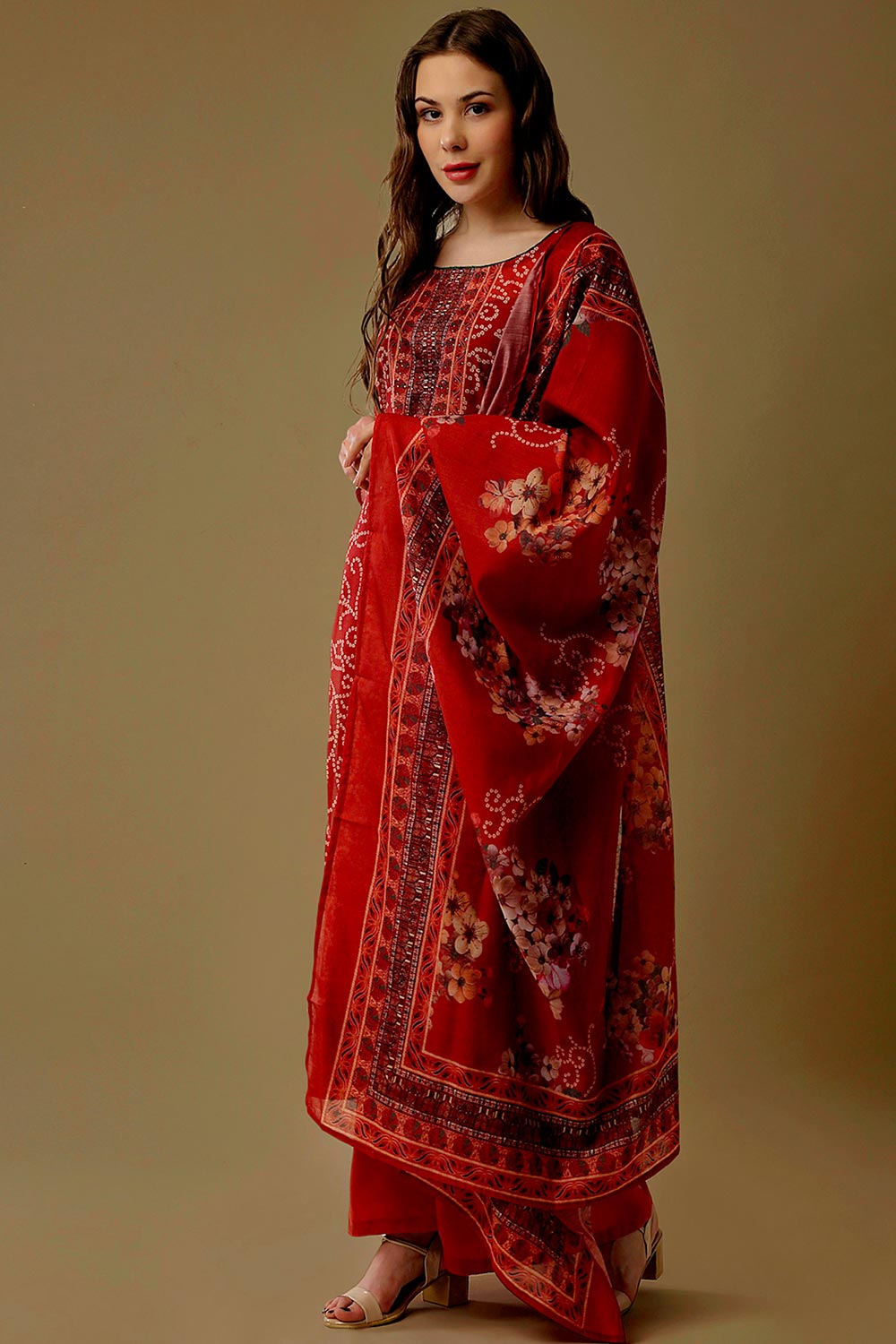 Buy Maheshwari Art Silk Bandhani Printed Salwar Suit in Red Online - Front