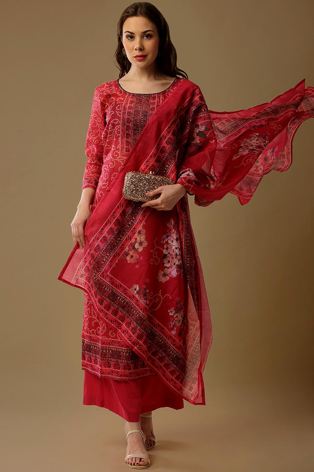 Buy Maheshwari Art Silk Bandhani Printed Salwar Suit in Magenta Online