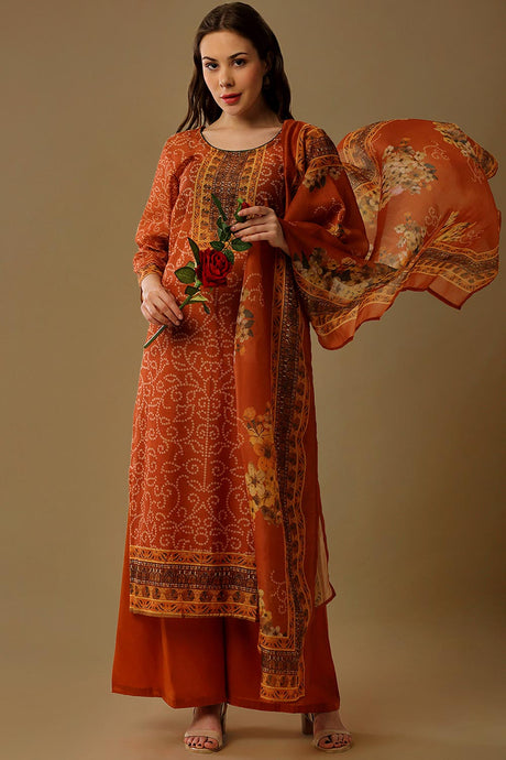 Buy Maheshwari Art Silk Bandhani Printed Salwar Suit in Rust Online