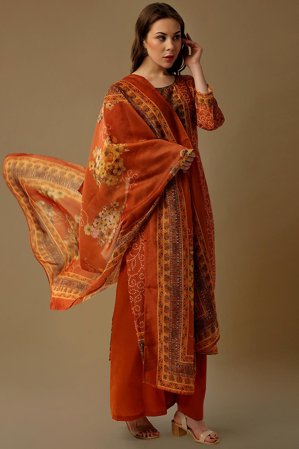 Buy Maheshwari Art Silk Bandhani Printed Salwar Suit in Rust Online - Front