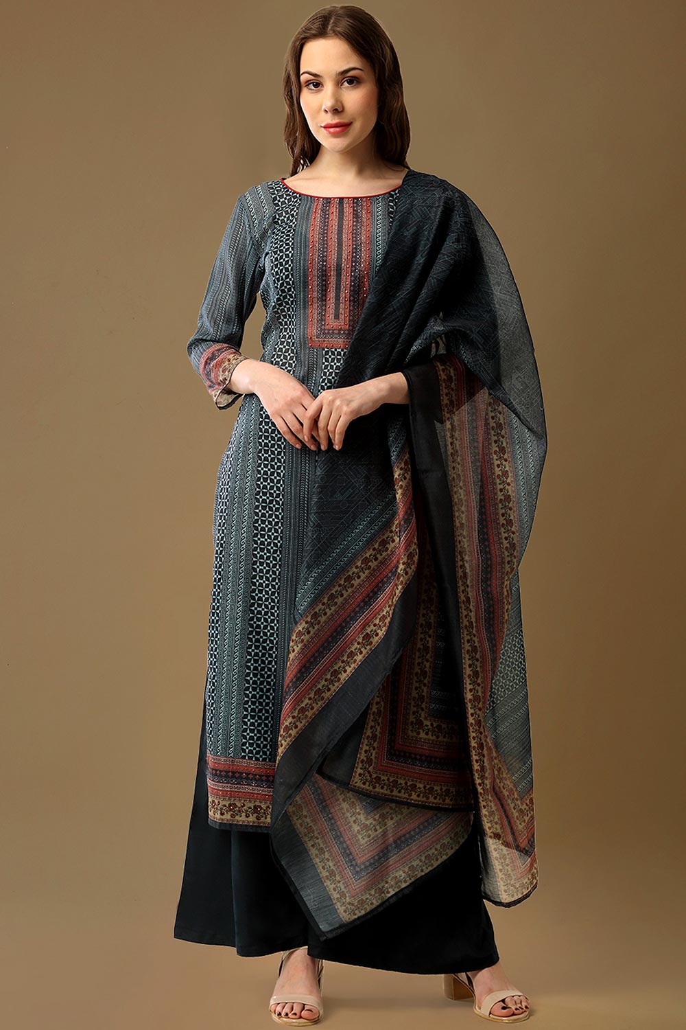 Buy Maheshwari Art Silk Abstract Printed Salwar Suit in Navy Blue Online