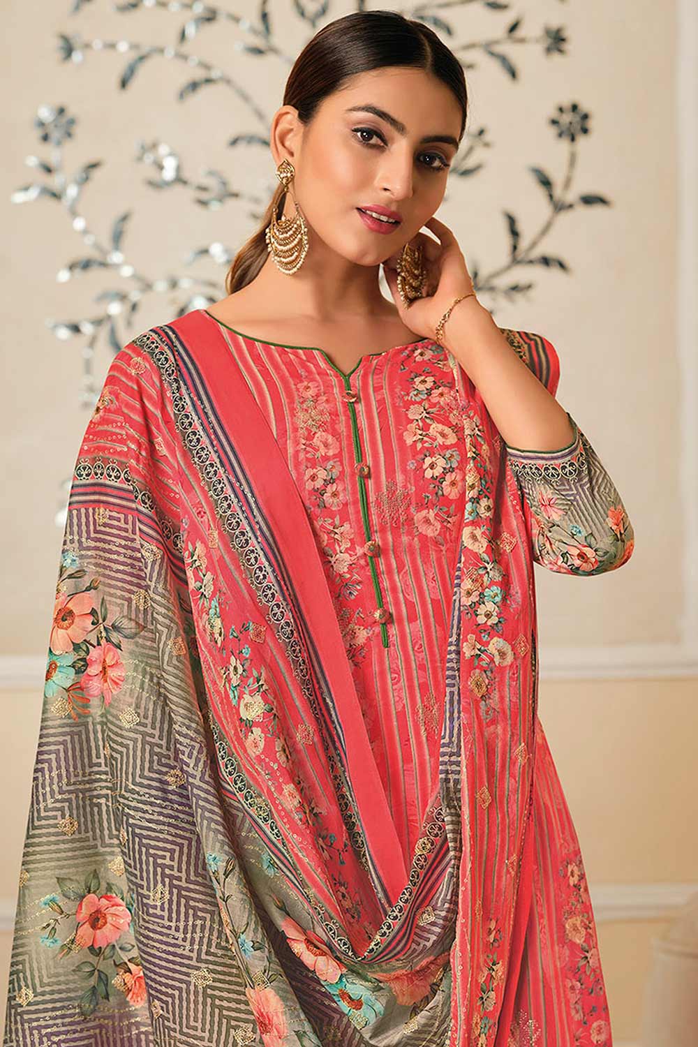 Buy Cotton Digital Printed Suit Set Dress Material in Coral Online - Zoom In