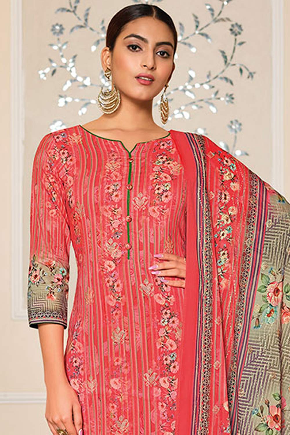 Buy Cotton Digital Printed Suit Set Dress Material in Coral Online - Front