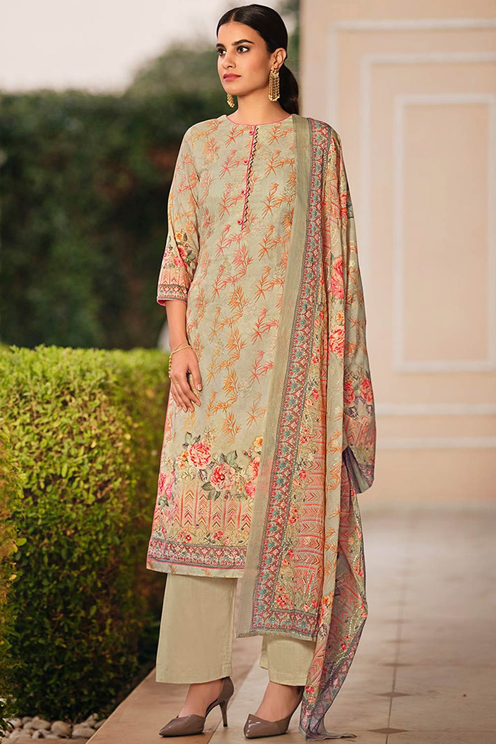 Buy Cotton Digital Printed Suit Set Dress Material in Beige Online