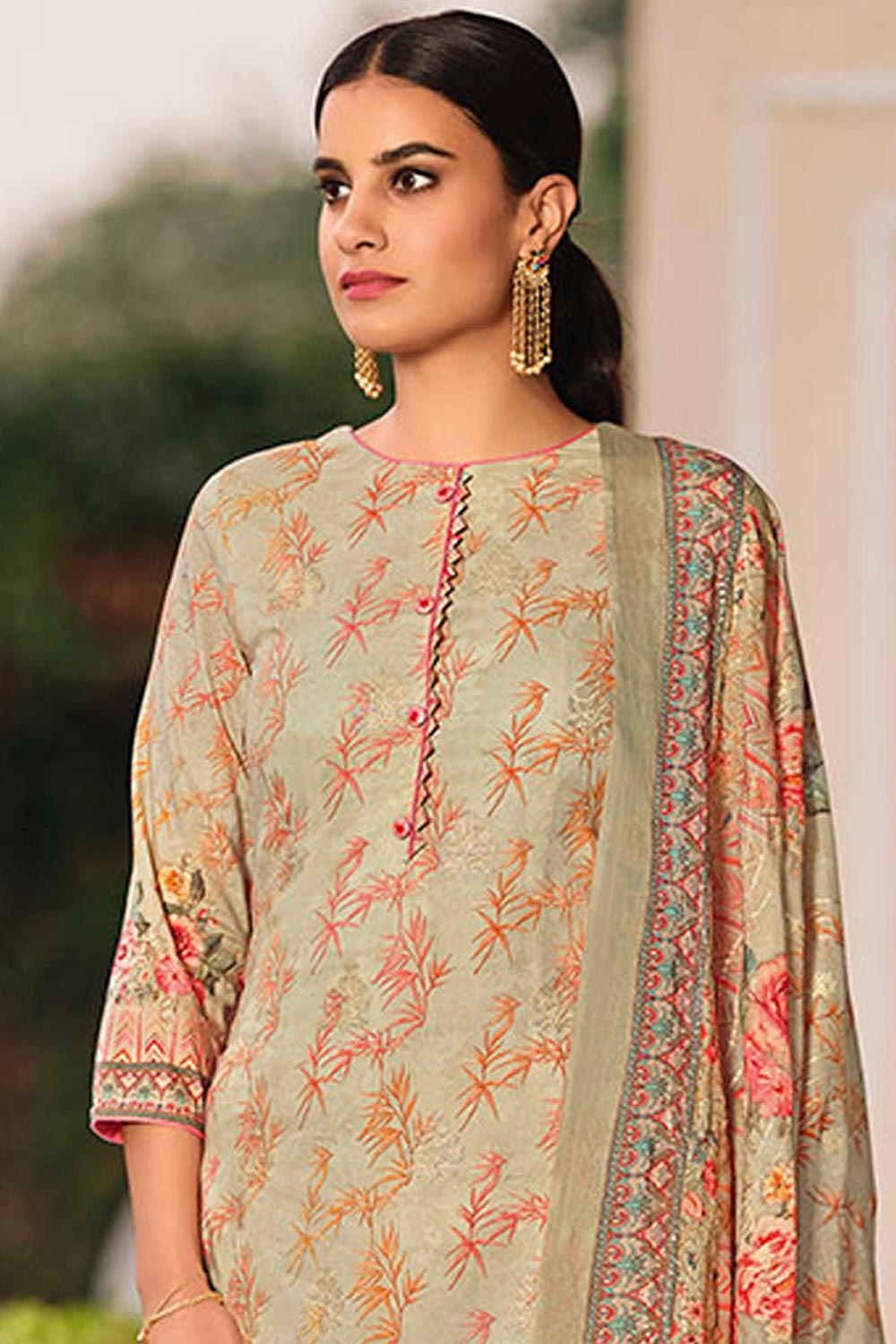 Buy Cotton Digital Printed Suit Set Dress Material in Beige Online - Front