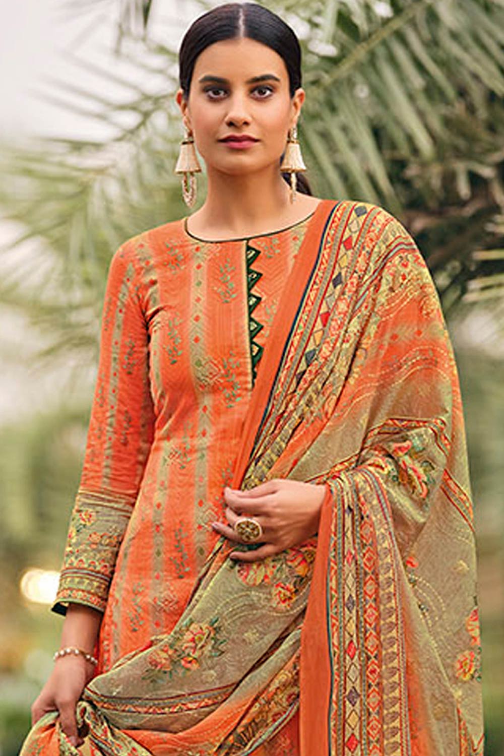 Buy Cotton Digital Printed Suit Set Dress Material in Orange Online - Front