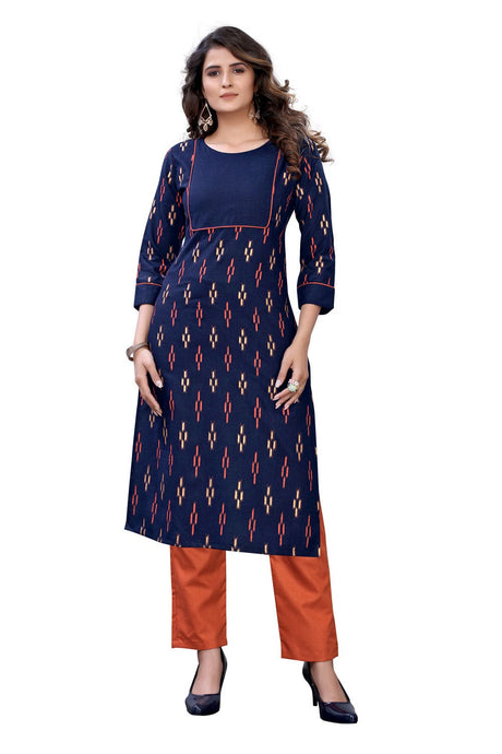 Buy Slub Cotton Foil Print Kurta Set in Blue