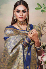 Buy Banarasi Art Silk Woven Saree in Navy Blue - Back