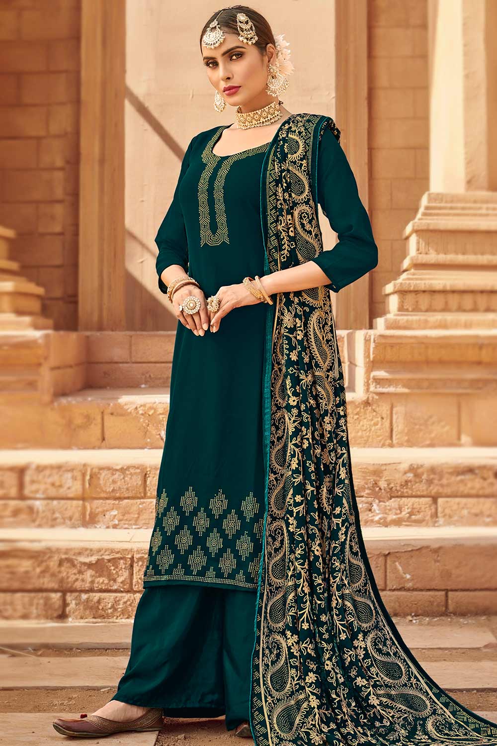 Buy Georgette Embroidered Dress Material in Teal Online - Back