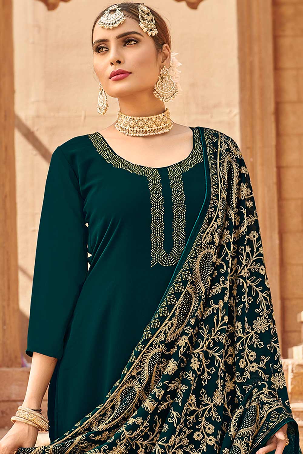 Buy Georgette Embroidered Dress Material in Teal Online - Front