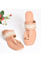 Buy Soft Faux Leather Hand Embroidery Kolapuri Flats in Cream