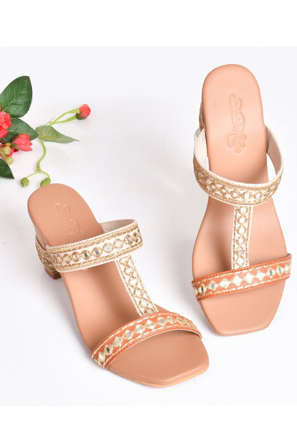 Buy Soft Faux Leather Hand Embroidery Kolapuri Block Heels in Cream