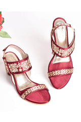 Buy Soft Faux Leather Hand Embroidery Block Heel in Maroon