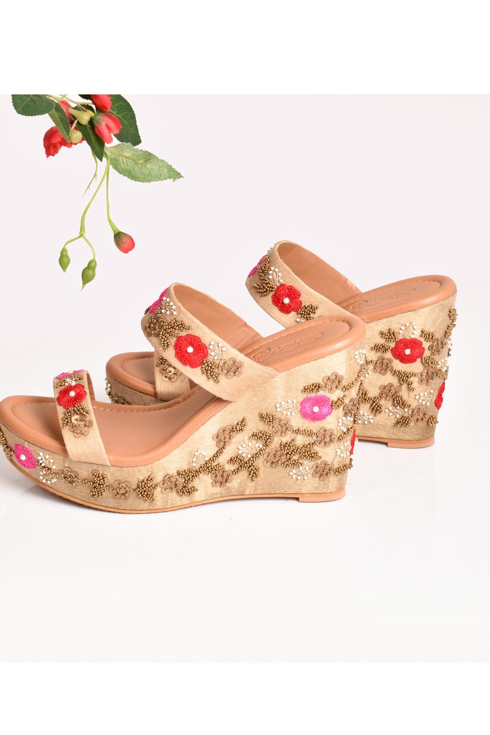 Buy Soft Faux Leather Hand Embroidery Wedges in Cream