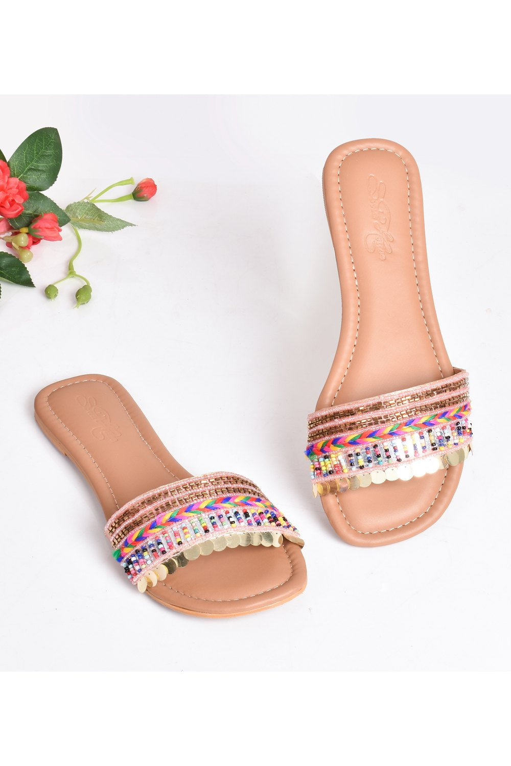 Buy Soft Faux Leather Hand Embroidery Flats in Pink and Cream