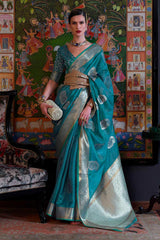 Cyan Two Tone Handloom Weaving Organza Saree