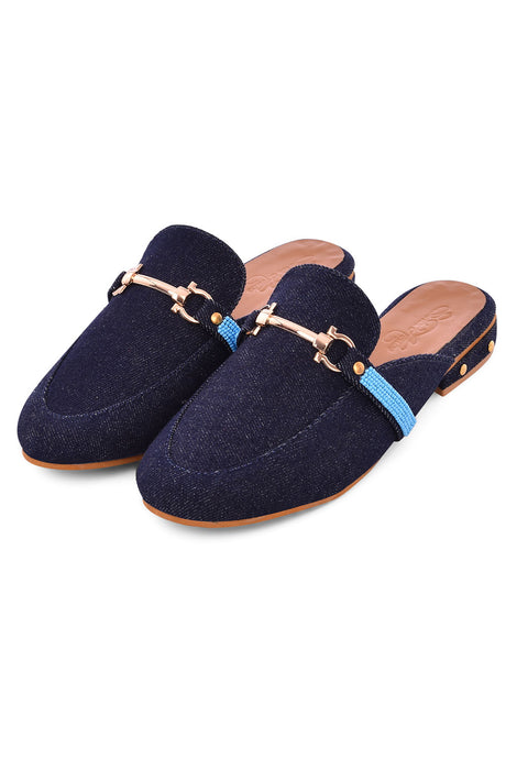 Buy Women's Soft Faux Leather Hand Embroidered Loafers in Denim Online - Front