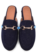 Buy Women's Soft Faux Leather Hand Embroidered Loafers in Denim Online - Zoom In