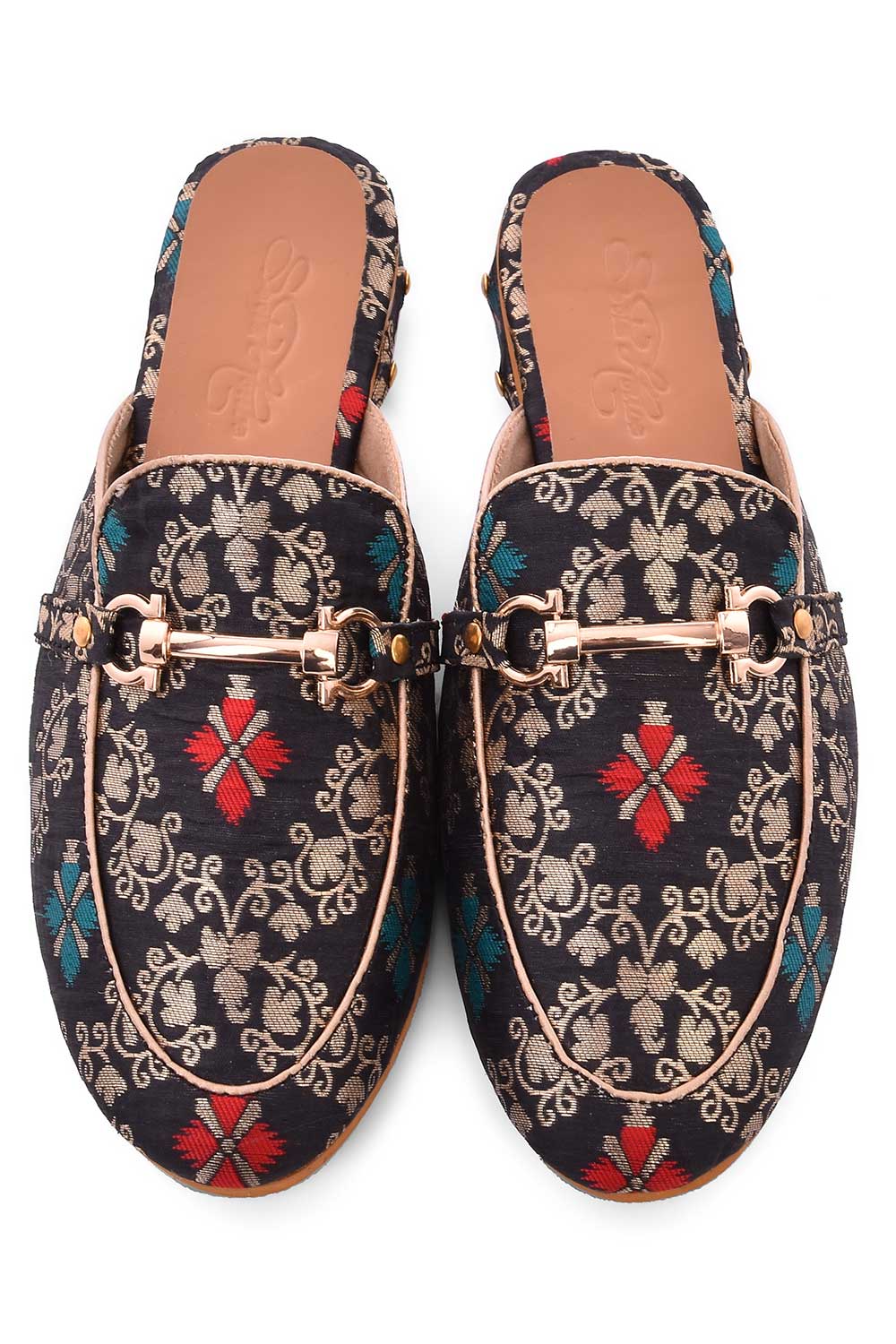 Buy Women's Soft Faux Leather Hand Embroidered Loafers in Black Online - Front