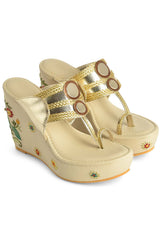 Multi-Color Embroidered 4 Inch Kolhapuri Wedge Heels