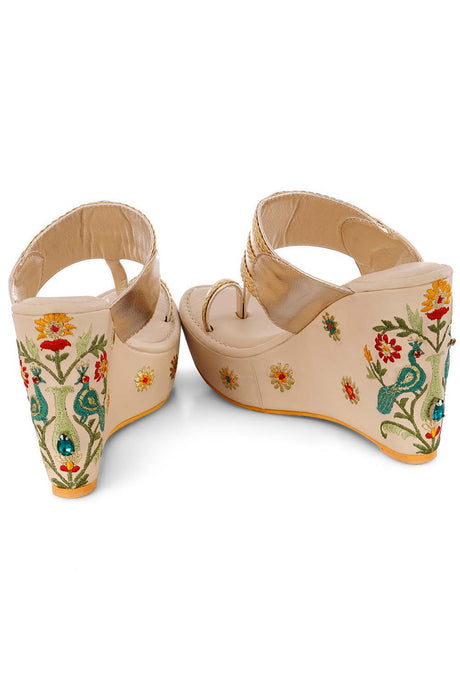 Multi-Color Embroidered 4 Inch Kolhapuri Wedge Heels