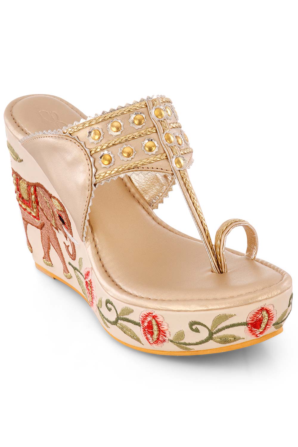 Multi-Color Embroidered 4 Inch Kolhapuri Wedge Heels