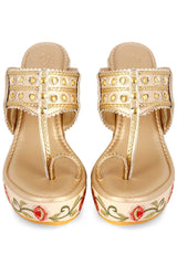 Multi-Color Embroidered 4 Inch Kolhapuri Wedge Heels