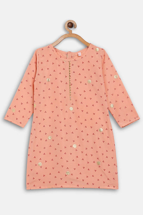 Buy Girl Crepe Printed Kurta Set in Peach Online - Front