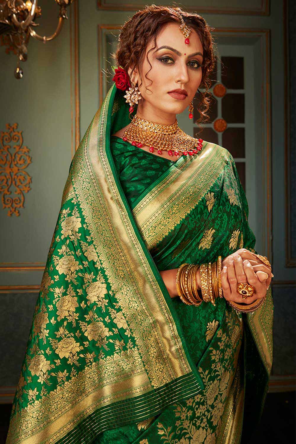 Buy Banarasi Art Silk Woven Saree in Dark Green - Back