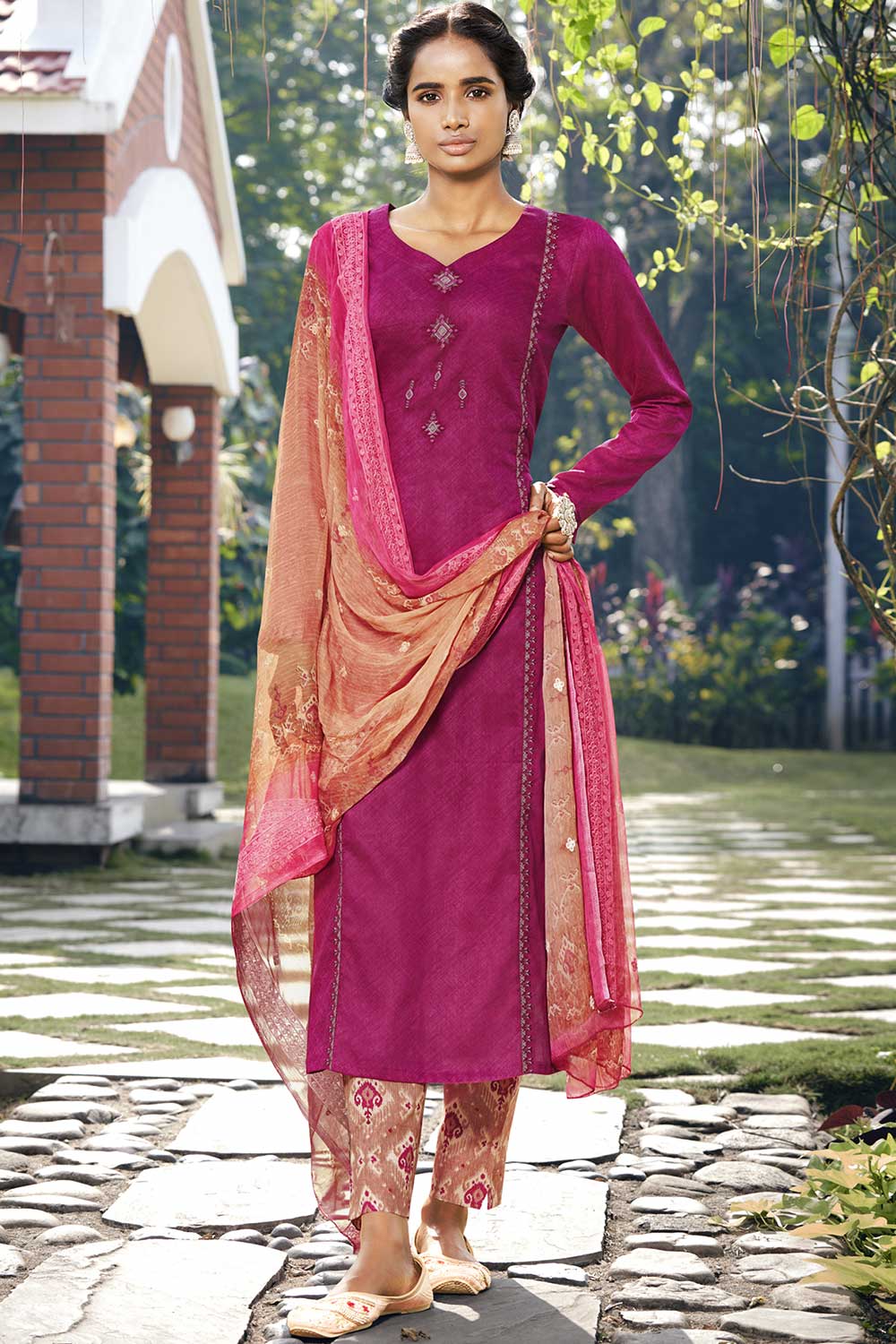 Magenta Jam Satin Embroidered Pant Suit Set