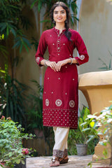 Buy Blended Cotton Embroidered Kurta Top in Maroon Online