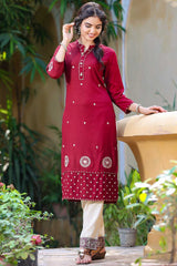 Buy Blended Cotton Embroidered Kurta Top in Maroon Online - Back