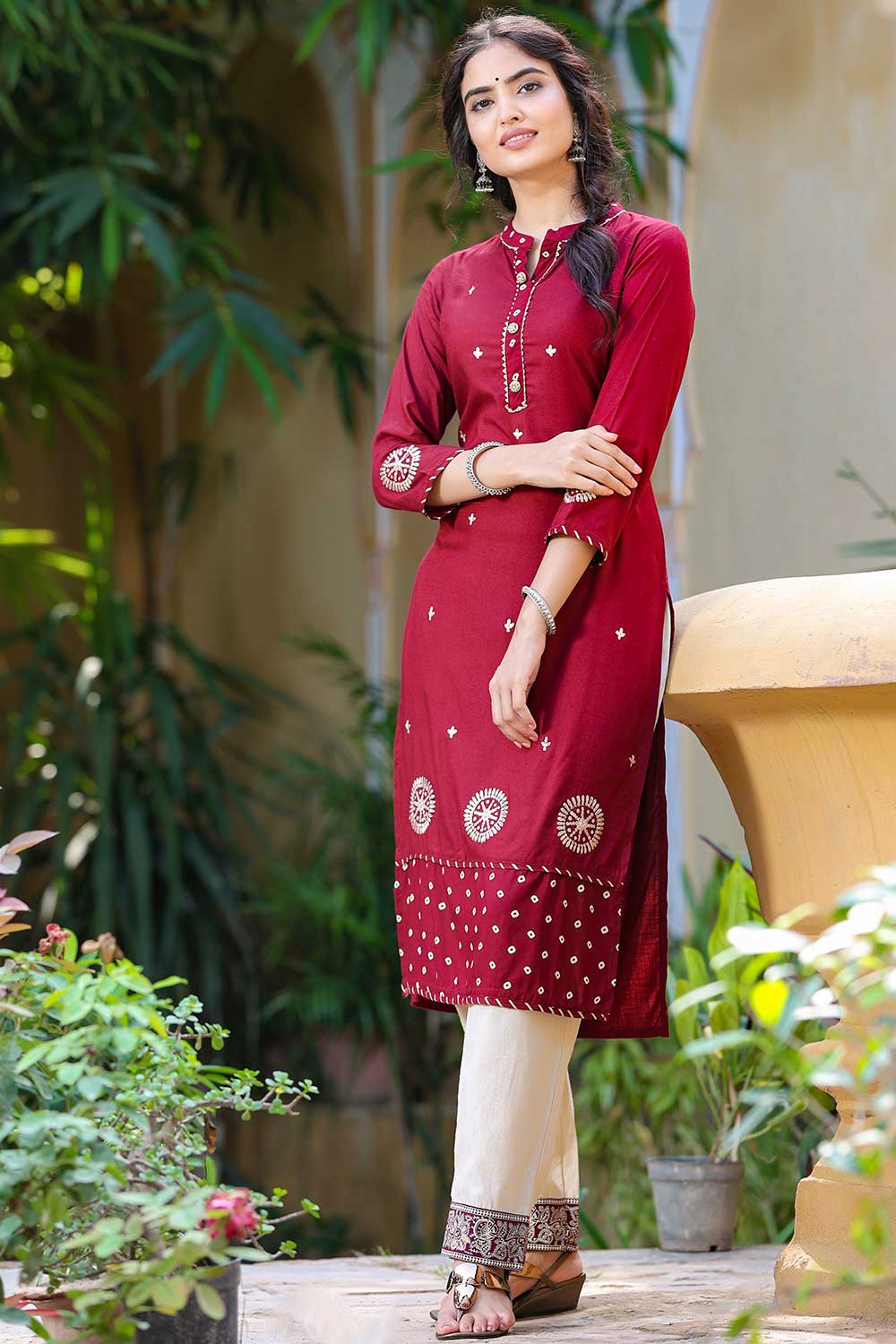 Buy Blended Cotton Embroidered Kurta Top in Maroon Online - Front