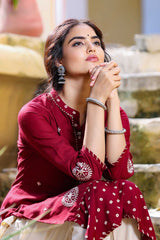 Buy Blended Cotton Embroidered Kurta Top in Maroon Online - Zoom In