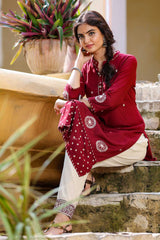 Buy Blended Cotton Embroidered Kurta Top in Maroon Online - Zoom Out