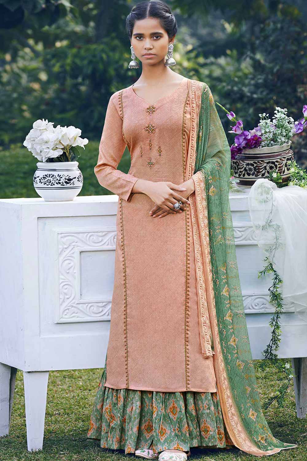 Peach Jam Satin Embroidered Palazzo Suit Set