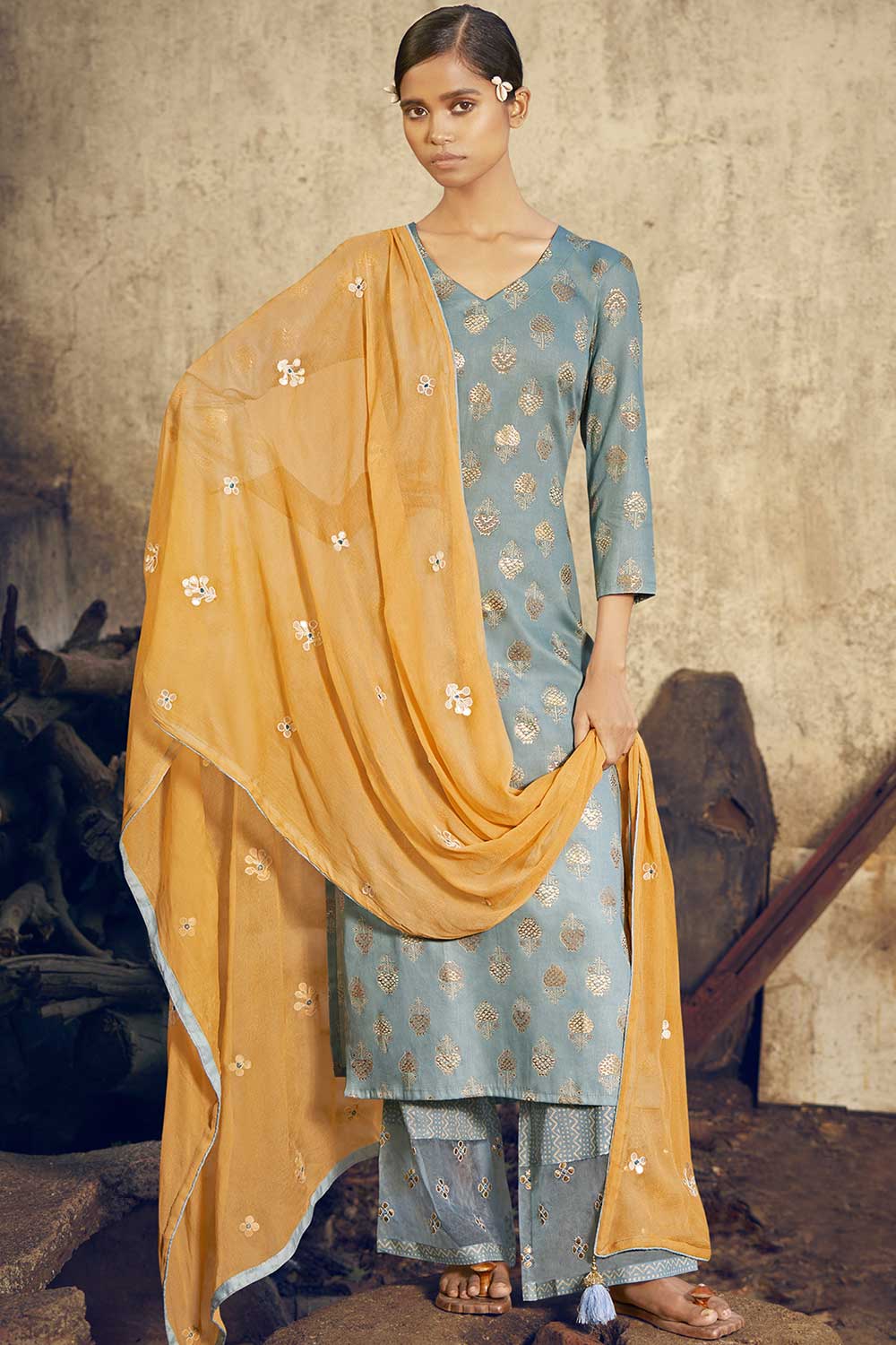 Sky Blue Cotton Digital Printed Palazzo Suit Set