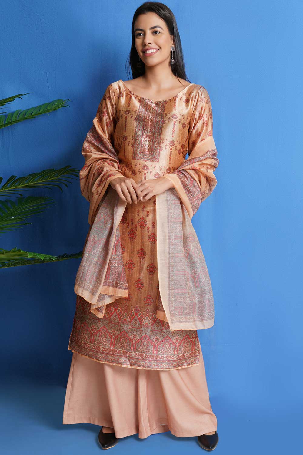 Gold Silk Blend Digital Printed Palazzo Suit Set