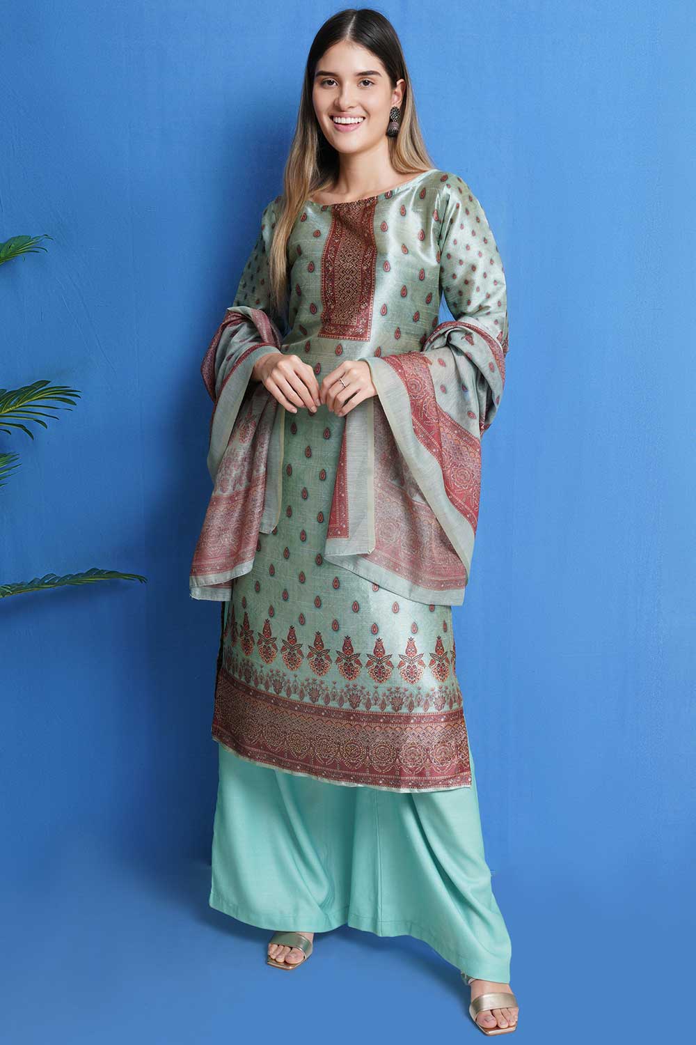 Green Silk Blend Digital Printed Dress Material